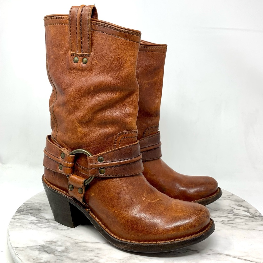 Frye Carmin Harness Short Brown Leather Boots 6 Boho Moto Whimsigoth Festival - Picture 1 of 16